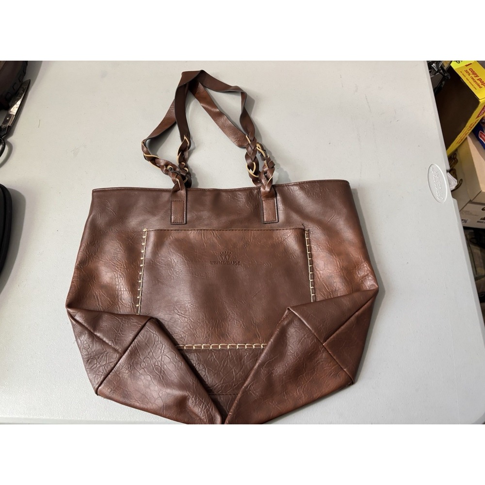 Weimeibaige Brown Vegan Leather Satchel Tote Multi-pocket Zipper Closure